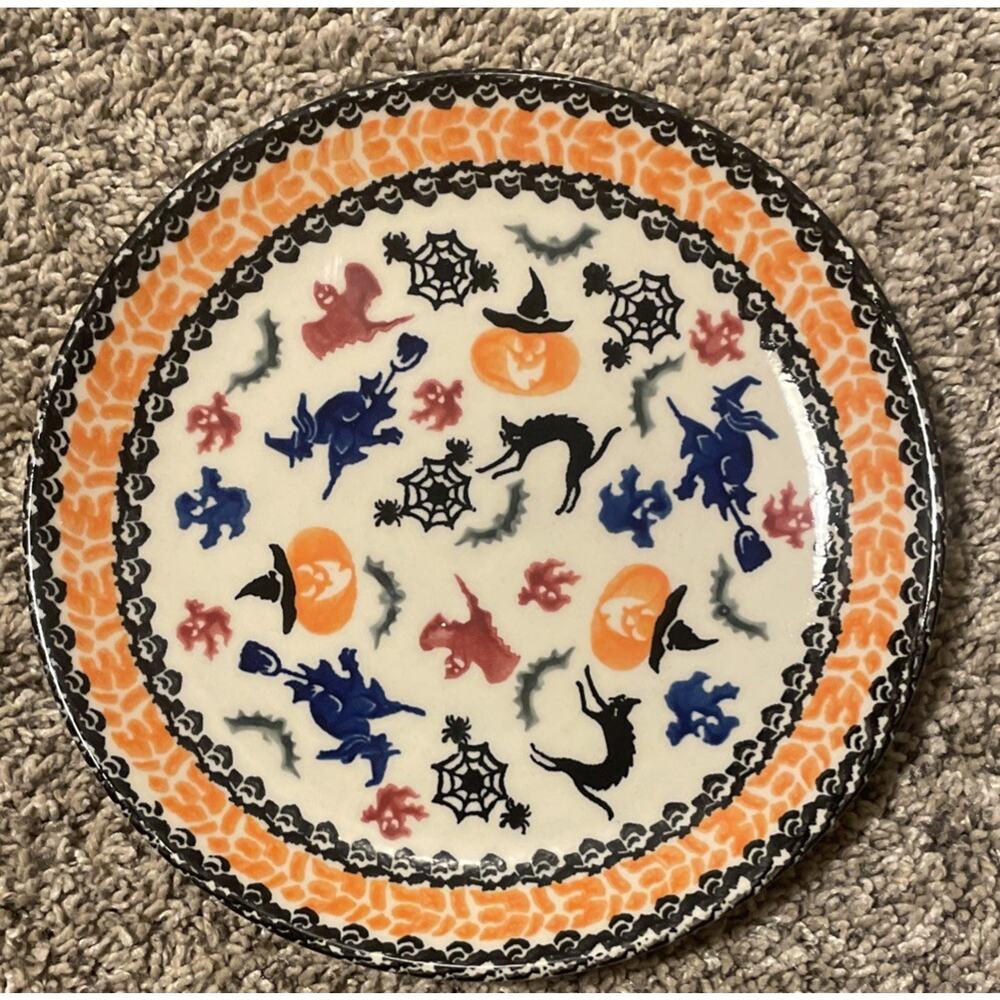 Unikat Polish Pottery Halloween Plate Kalich Factory Signed Spooky 7.5" - Picture 2 of 3